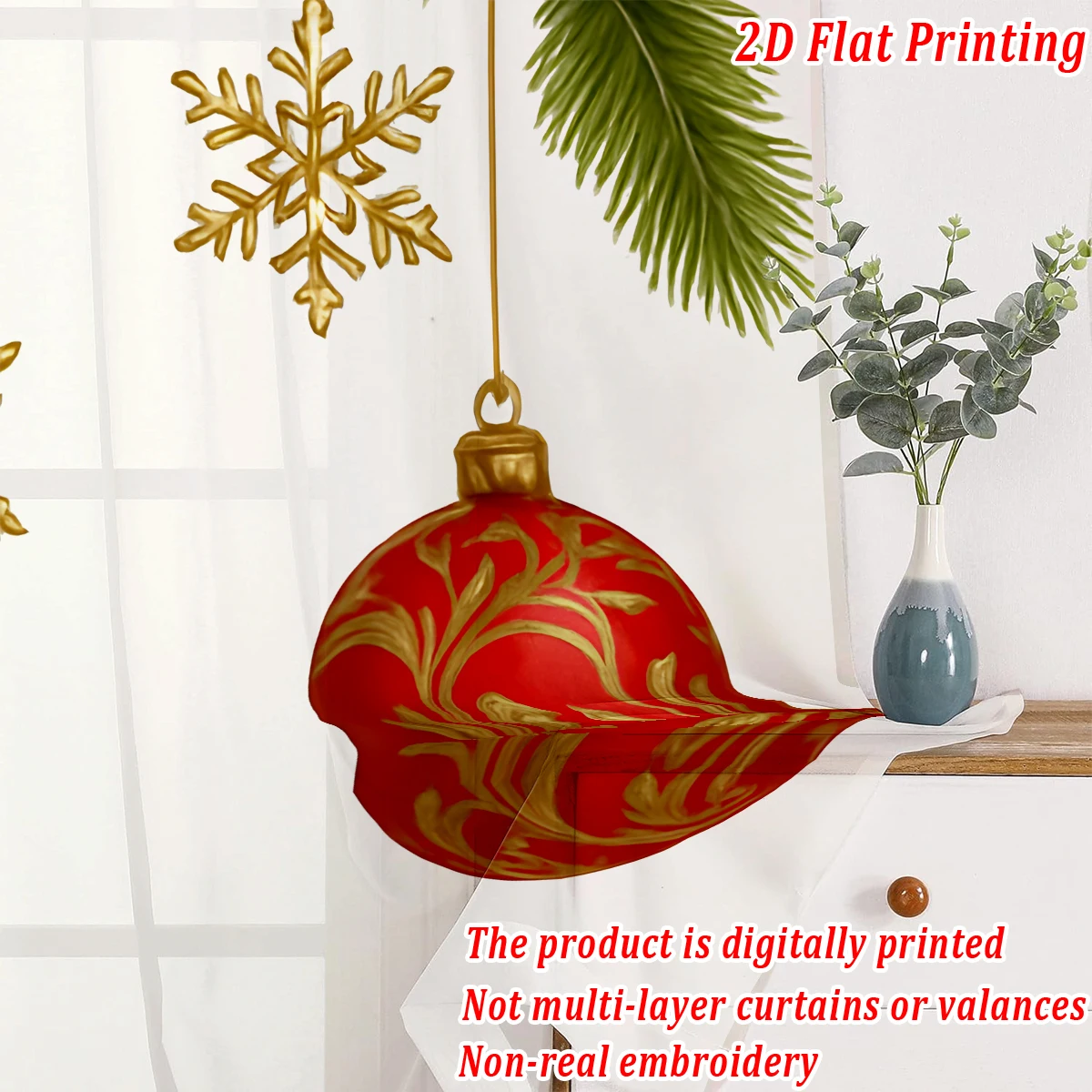 Christmas Flat Printing Sheer Curtain with Christmas Ball Snowflak Bow Pinecone for Living Room Bedroom Decor Holiday Party