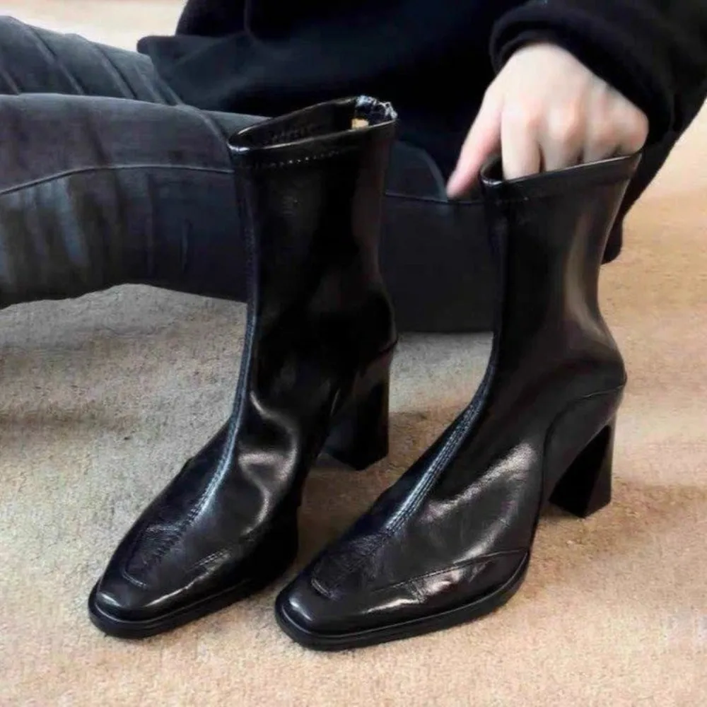 

Autumn Vintage Elastic Slim Women Ankle Boots Fashion Soft Leather Shoes Ladies Elegant Thick Heel Mordern Short Booties
