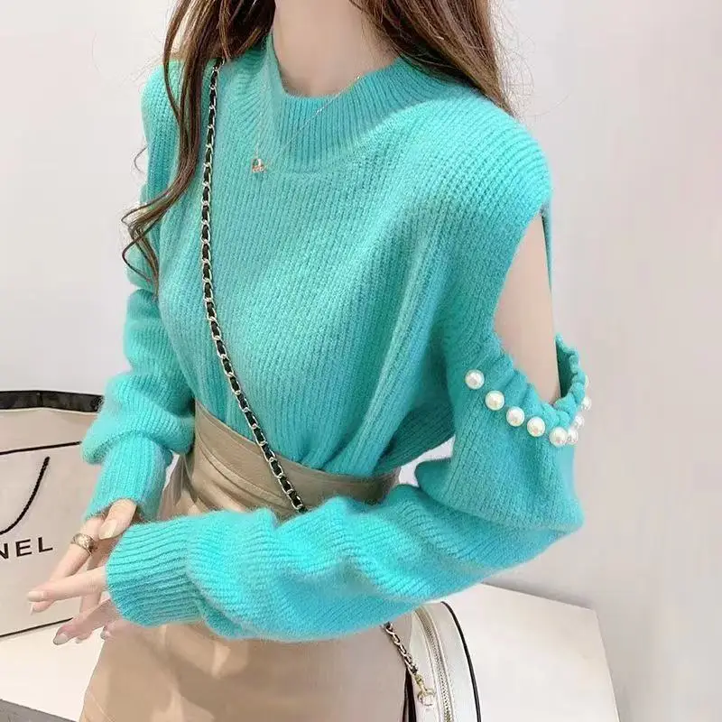 

Elegant Sweater Hollow Out Women Pearls Knitted Sweaters Chic Korean Fashion Sweet Pullovers Tops Casual All-Match Office Lady