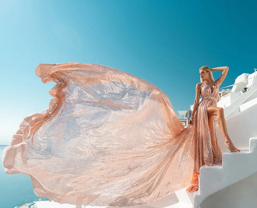 Santorini Fotografie fliegende Abendkleid Pailletten maßge schneiderte sexy Schlick Abschluss ball Party kleider tiefen V-Ausschnitt Abiye Robe de Soiree