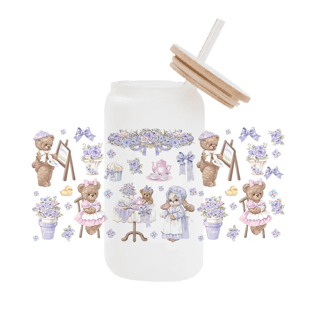 Lolita Cute Rabbit Teddy bear DIY For Libbey 16oz Can Glass 3D Waterproof UV DTF Coffee Can Wrap Libbey Glass Wrap
