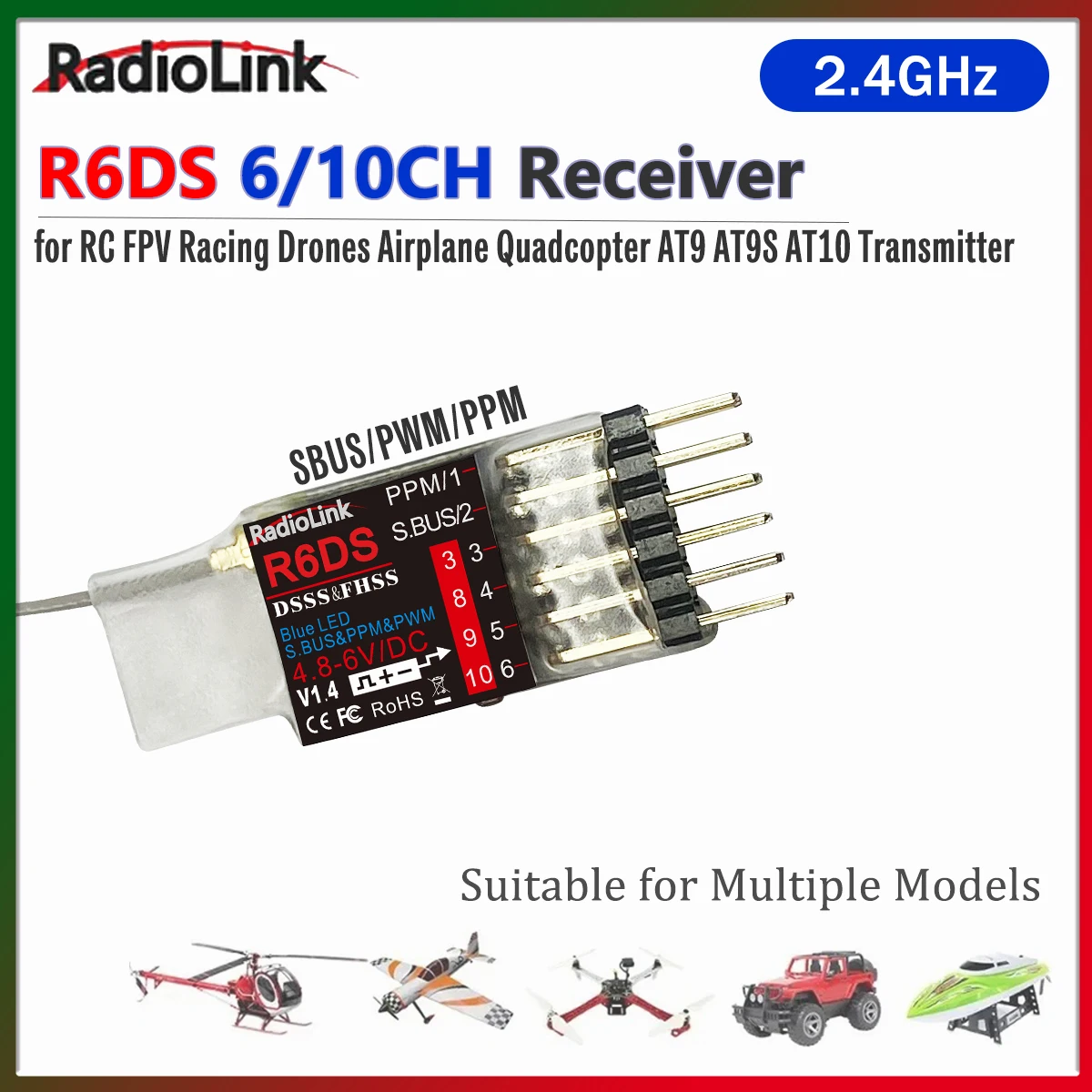 

Radiolink R6DS 2.4G 6/10 Channels Receiver SBUS/PWM/PPM for RC FPV Racing Drones Airplane Quadcopter AT9 AT9S AT10 Transmitter