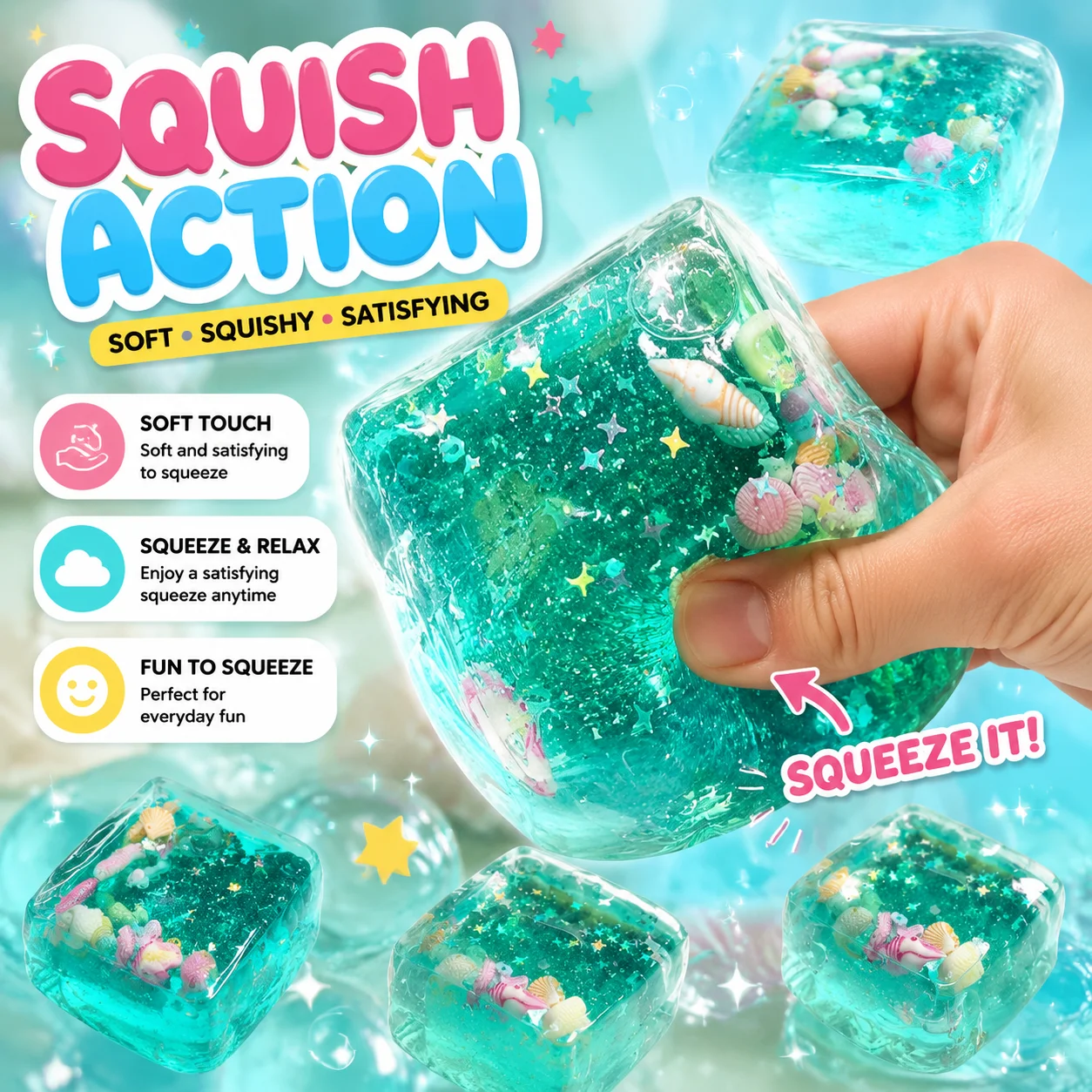 Sensory Fidget Cube Squishy Stress Balls Ocean Slow Rise Toy for Kids Adults Squeeze Relax Gift