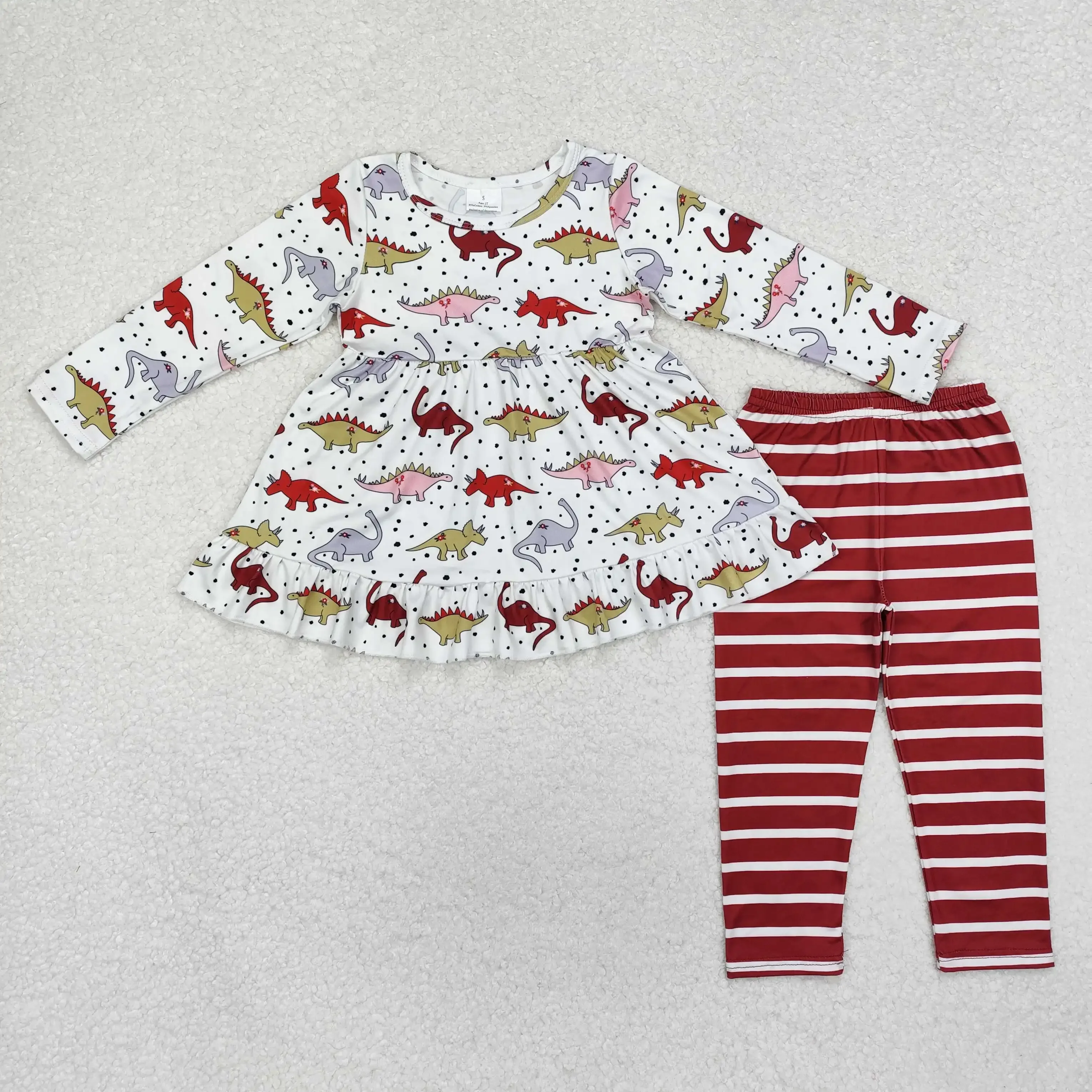 

Wholesale Toddler Kids Baby Girls Long Sleeve Tunic Top Dinosaur Tunic Top Striped Leggings Pants Set Children's Kid clothing