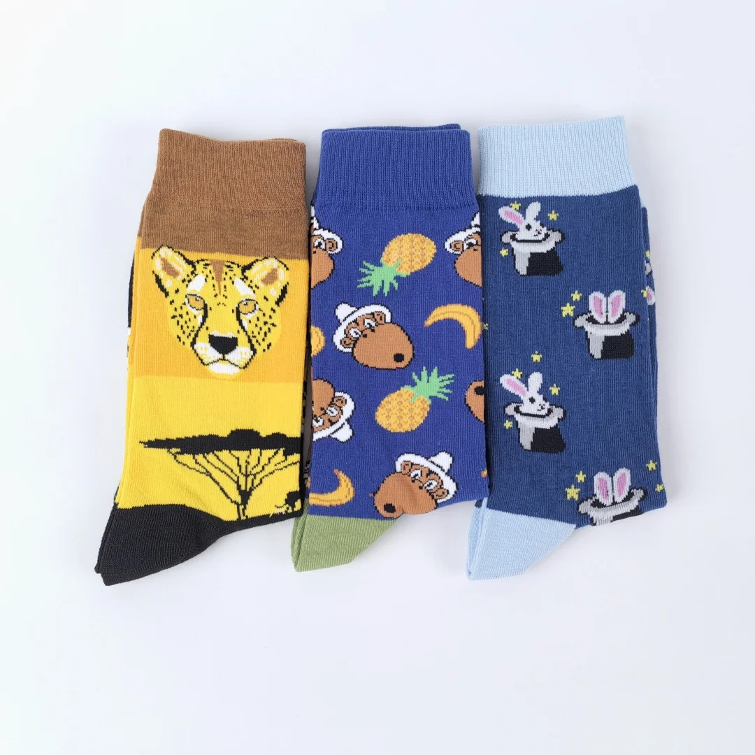 1 Pair Of Leopard, Monkey, Rabbit Pattern, Trendy Fashion Men's Mid-Calf Socks, Suitable for All Seasons