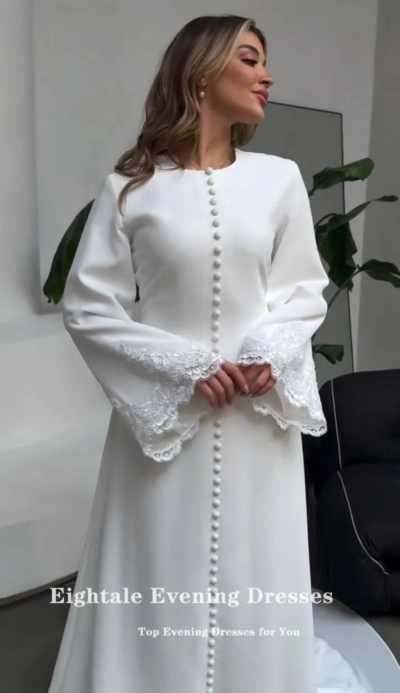 Eightale Arabic Wedding Dress Customized Ivory Satin Appliques Lace Muslim Long Sleeves Buttons Bridal Gown Bride Party Dress image 4