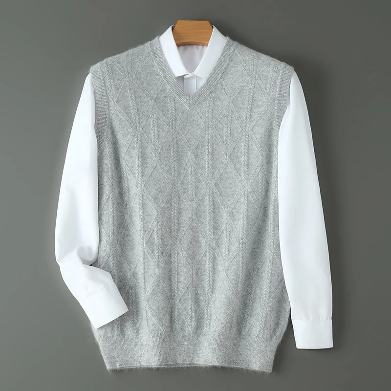

Men's Vest 100% Pure Mink Cashmere Sweater, Autumn and Winter V-Neck Knitted Shoulder Casual Business Sleeveless Vest Large Size