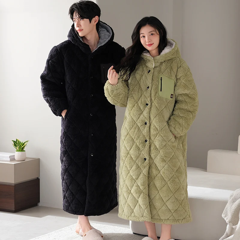 

Зимний пижамный комплект с капюшоном для пар, толстый теплый 3-слойный хлопковый пижамный комплект с зажимом, повседневная мягкая женская и мужская домашняя одежда