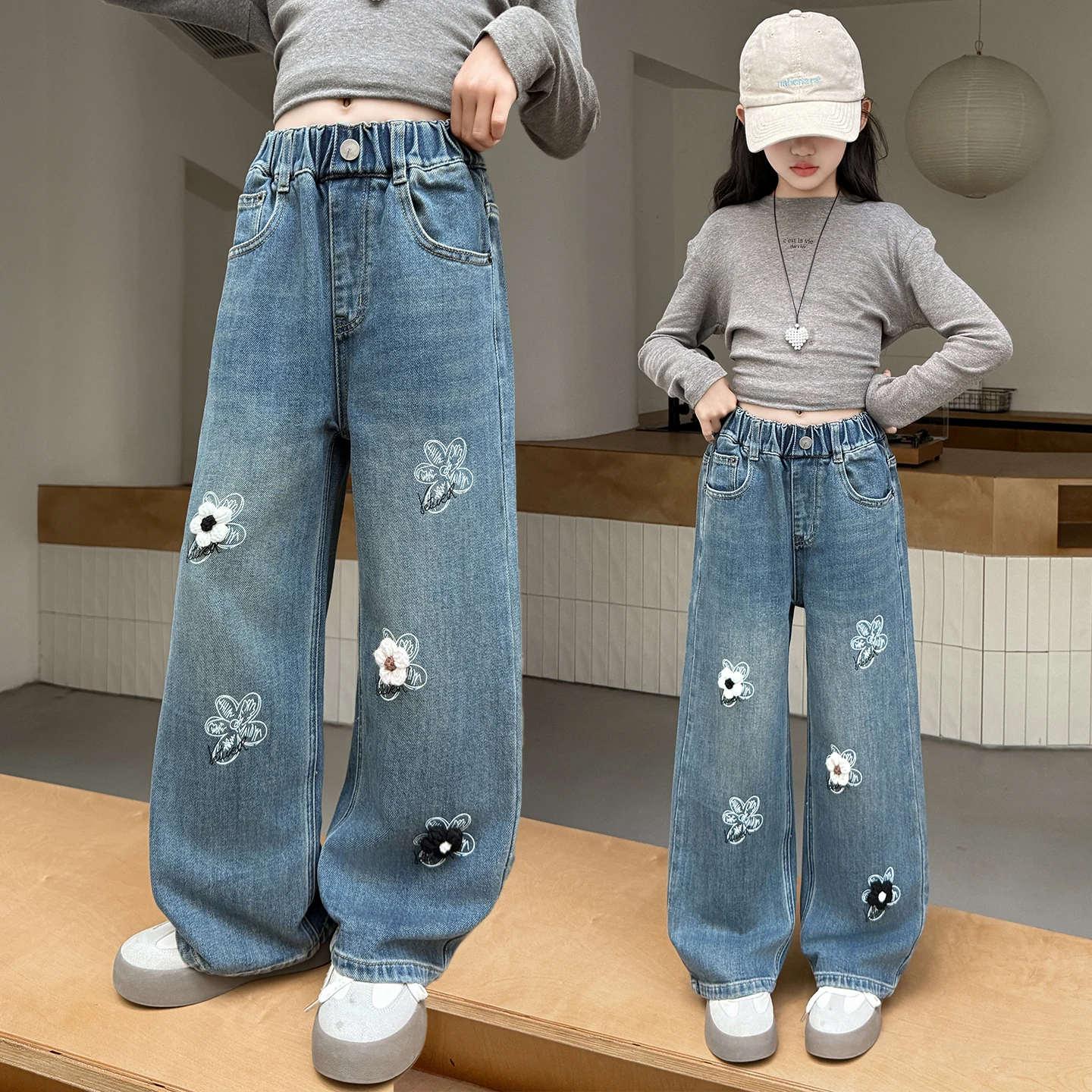 

2025 autumn teen girl 3D Flowers jeans 6 8 10 12 14 junior kid Elastic waist denim wide leg pants Korean Fashion Child trousers
