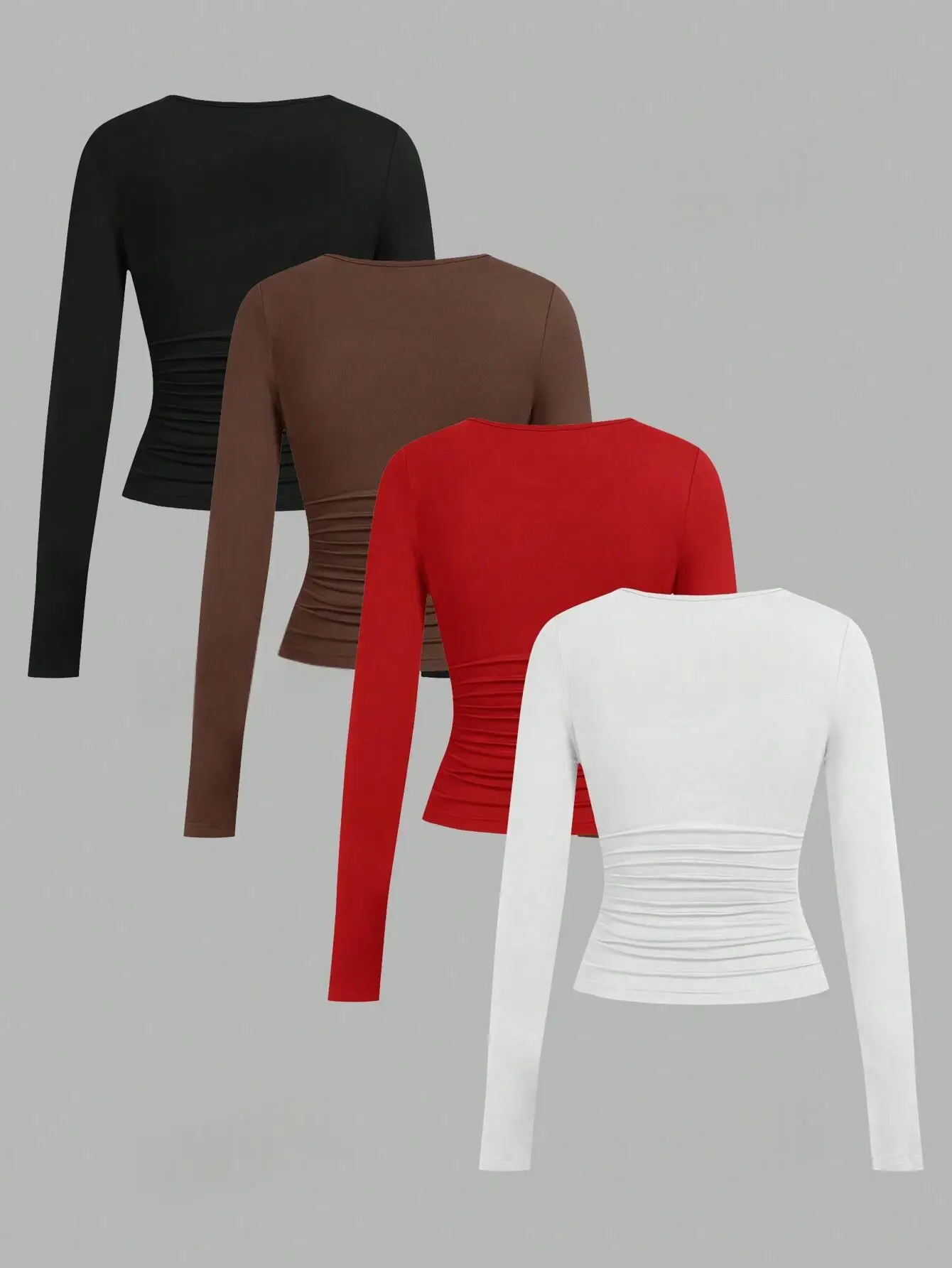 4-piece set of sexy and form-fitting long-sleeved knitted tops for ladies, plain color square-neck basic style T-shirts