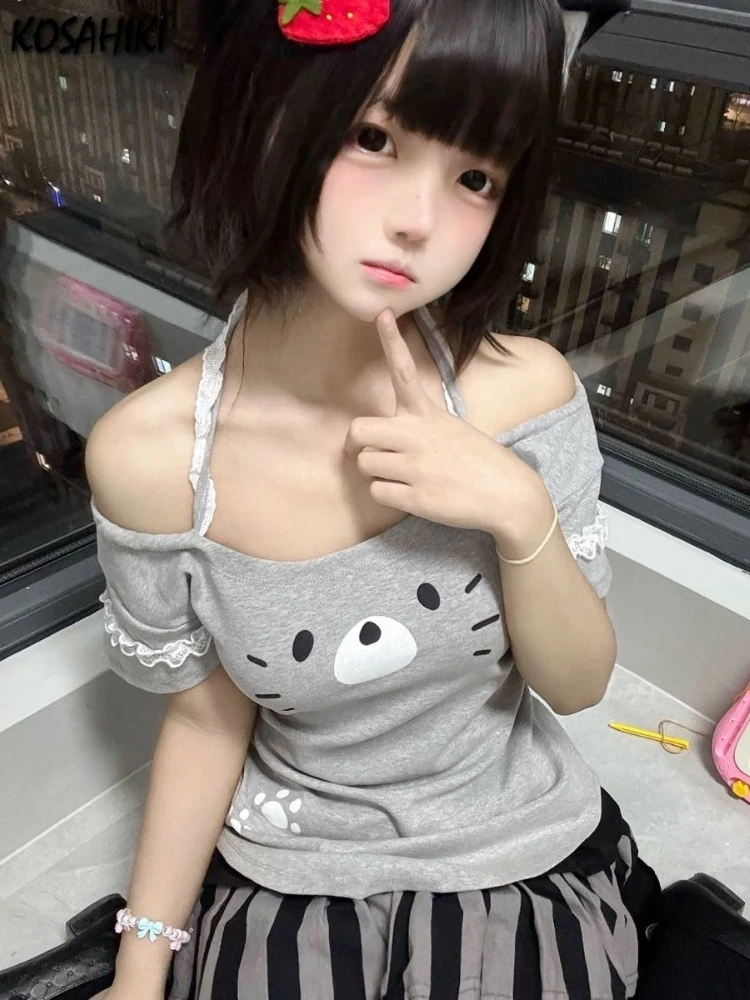 

Japanese Women Cartoon Print Kawaii Cute Tees Y2k Aesthetic Casual Lace Patchwork Halter T Shirts Harajuku Grunge Slim Fit Tops