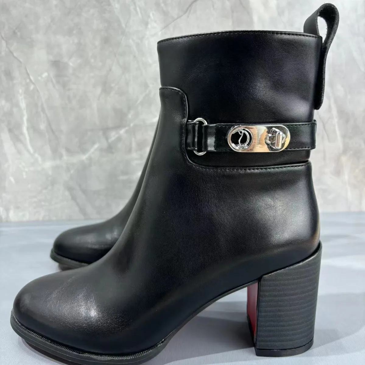 Round Toe Thick High Heel Short Boots Soft Belt Buckle Skinny Botines Comfortable Versatile Side Zipper Women Botas Femininas