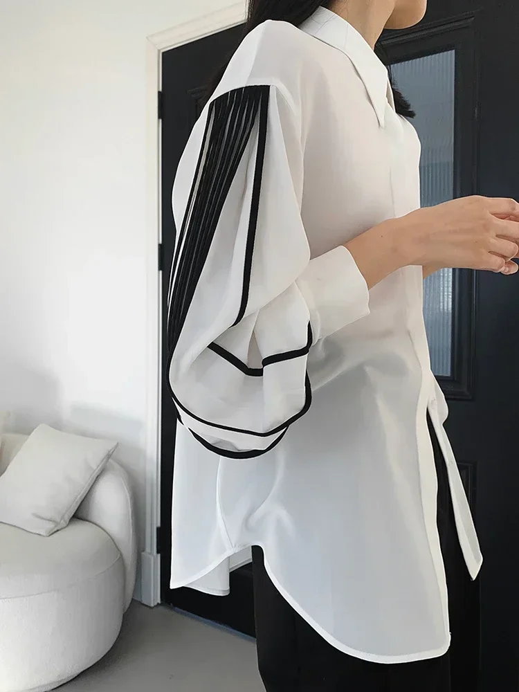 Straight Patchwork Shirt For Women Lapel Lantern Sleeve Colorblock Loose Blouses Female Clothing Style 2022 Fashion