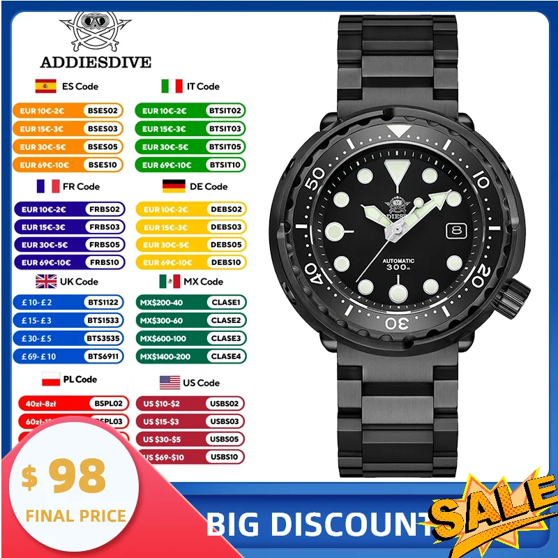 

ADDIESDIVE Black Tuna Men's Watch Sapphire Crystal Ceramic Bezel Calendar Display Luminous Hand Watch NH35A Automatic Watches