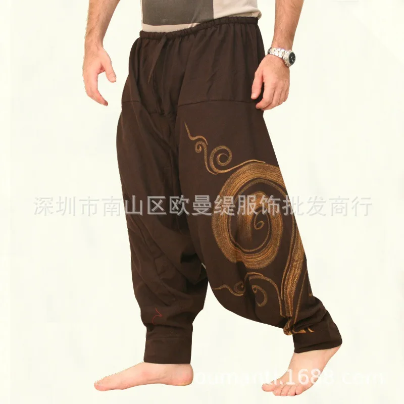 Men Fashion Cross-Pants Casual Baggy Pants Hippie Hip-hop Yoga Vintage Print Elastic Waist Large Size Summer Trouser Streetwear