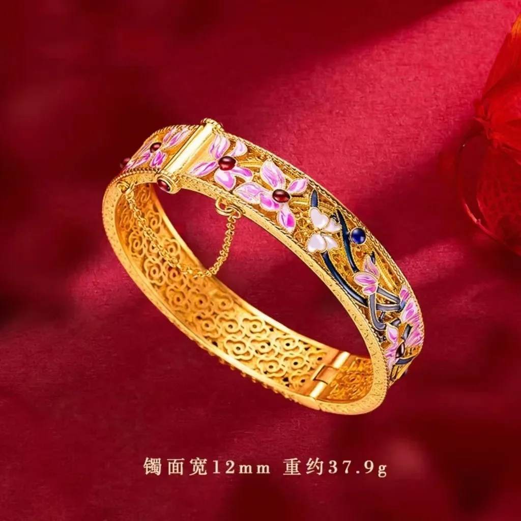 AU750 gold bracelet antique enamel orchid 18K bracelet retro palace filigree inlaid open buckle bracelet