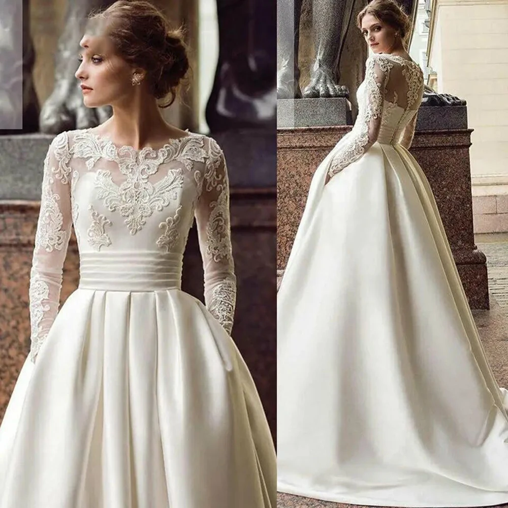 

Ivory Elegant Women Wedding Dress Appliques O-Neck Chapel Train Long Sleeve A-Linen Gowns Formal Occasion Pretty Bridal Dresses