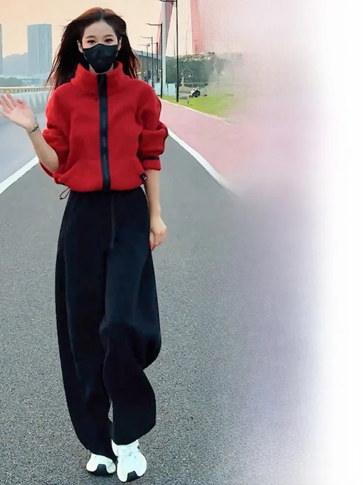 

Комплект женской модной одежды больших размеров: красный праздничный костюм из двух предметов (рубашка с длинным рукавом и брюки), повседневный, с высокой талией, теплый, со встроенной подкладкой