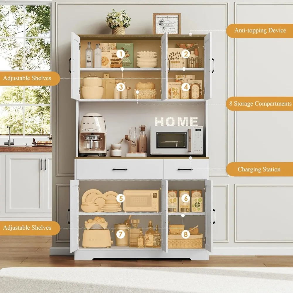 Alto Cozinha Despensa Armário De Armazenamento Com Suporte De Microondas, Farmhouse Hutch, Gavetas De Armazenamento Para Sala De Estar