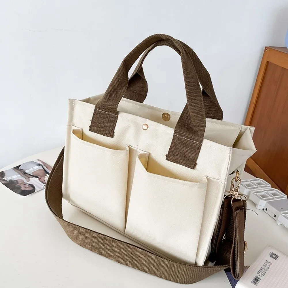 

Durable Large Capacity Canvas Tote Bag Multiple Pockets Zipper Closure Nappy Handbag White Shoulder Bag for Women Girls