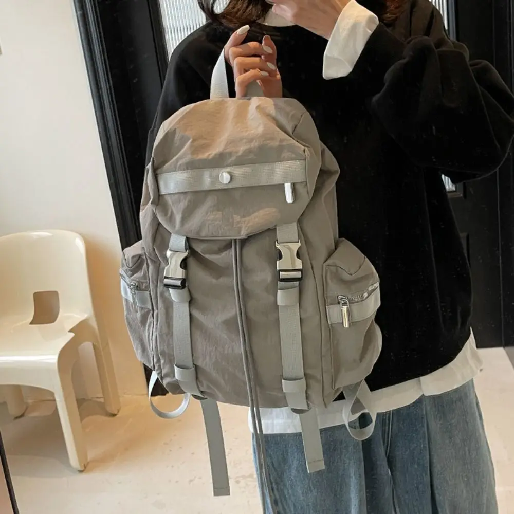 

Korean Style Outdoor Drawstring Backpack Solid Color Sports Travel Nylon Backpack Commute Large Capacity Hiking Shoulder Bag