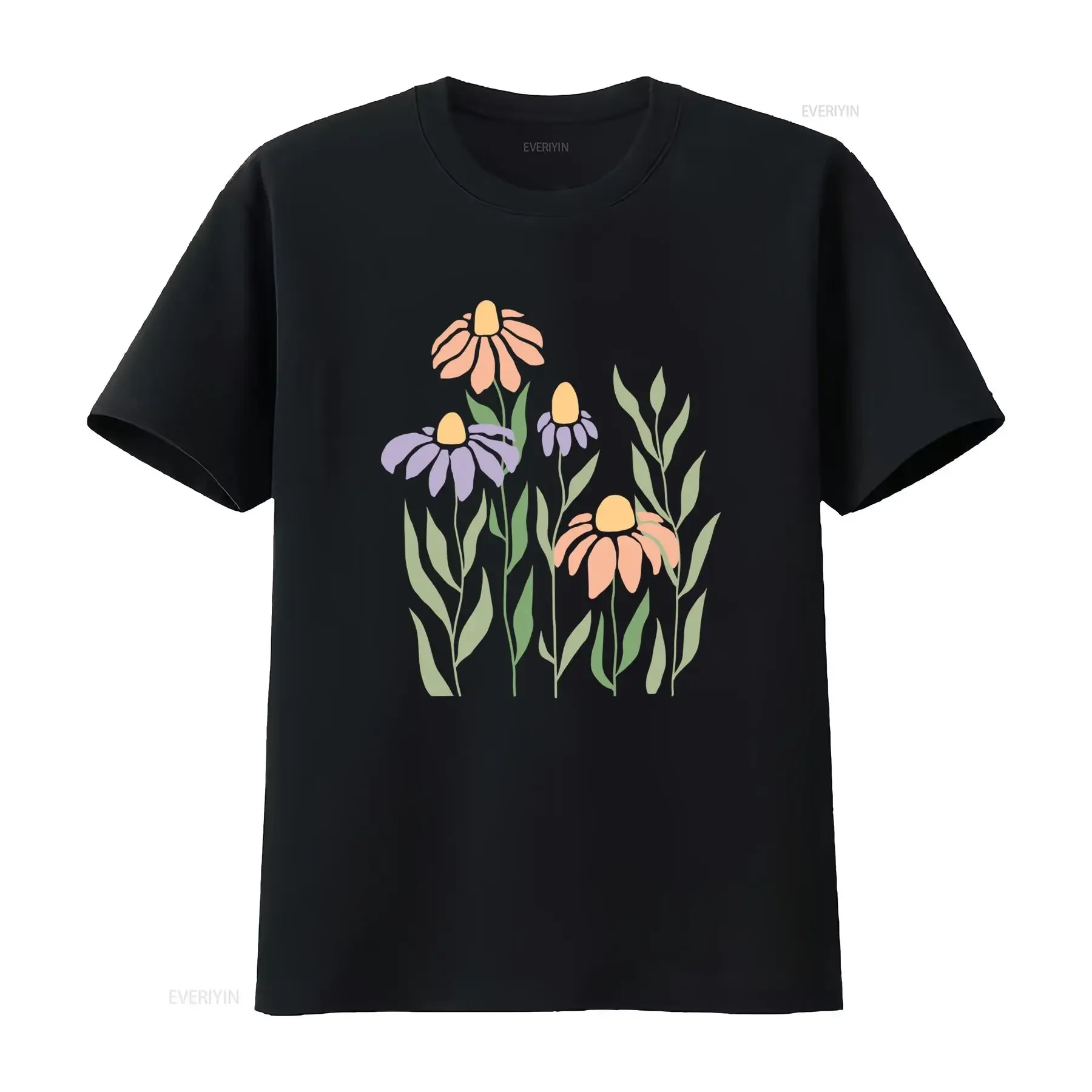 Retro Boho Pastel Wildflower Botanical Line Art Print Casual Nature T Shirt vintage Washed Soft homme graphic Stretched fashion