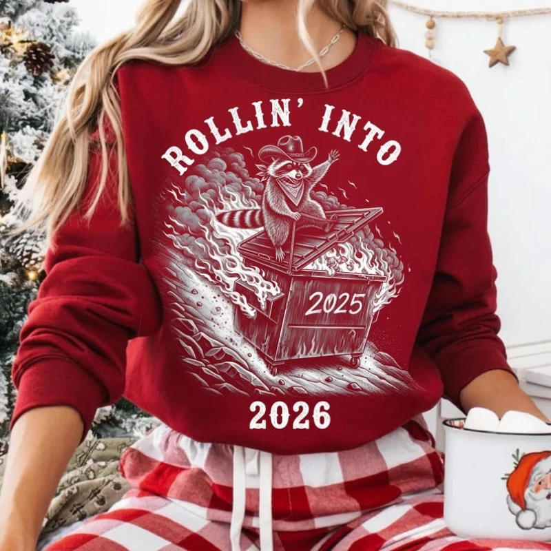 Rollin Into Funny Sublimation Design Raccoon Dumpster Fire Vintage Charcoal Art Sarcastic Cowboy Snarky New Year Sweatshirt