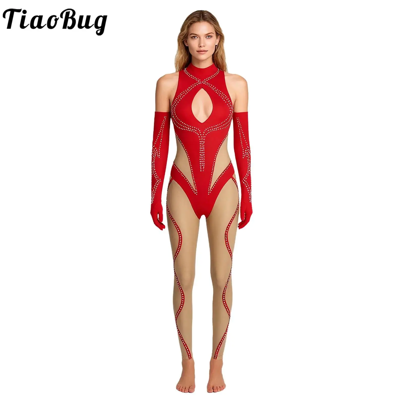 

Women Artistic Figure Skating Leotard Dance Jumpsuit Gymnastics Ballet Stage Costume Sleeveless Glittery Rompers And Gloves Set