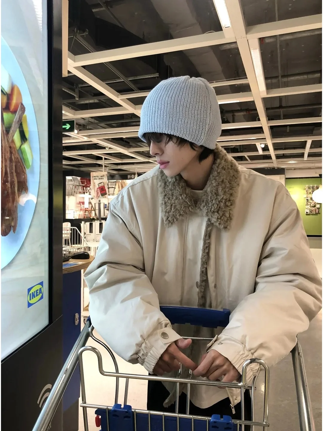 

Thickened Short Cotton Jacket Men's Winter Warm Bomber Workwear Coat with Fur Collar in Cream Color Standard Fit Online Exclu...