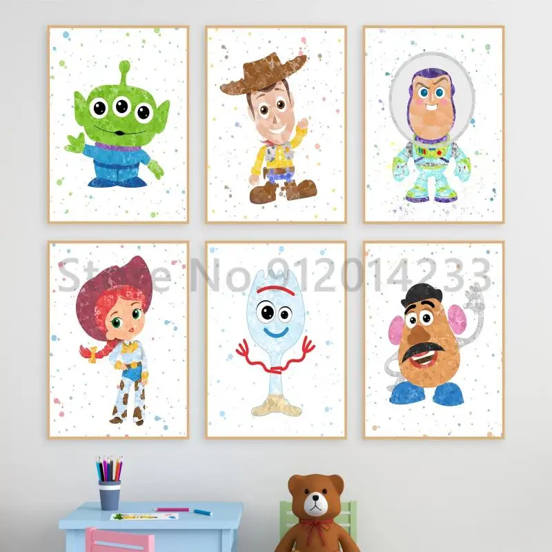 Disney Toy Story Nordic Posters and Prints Watercolor Cartoon Woody Buzz Lightyear Canvas Painting Nursery Wall Art Home Decor