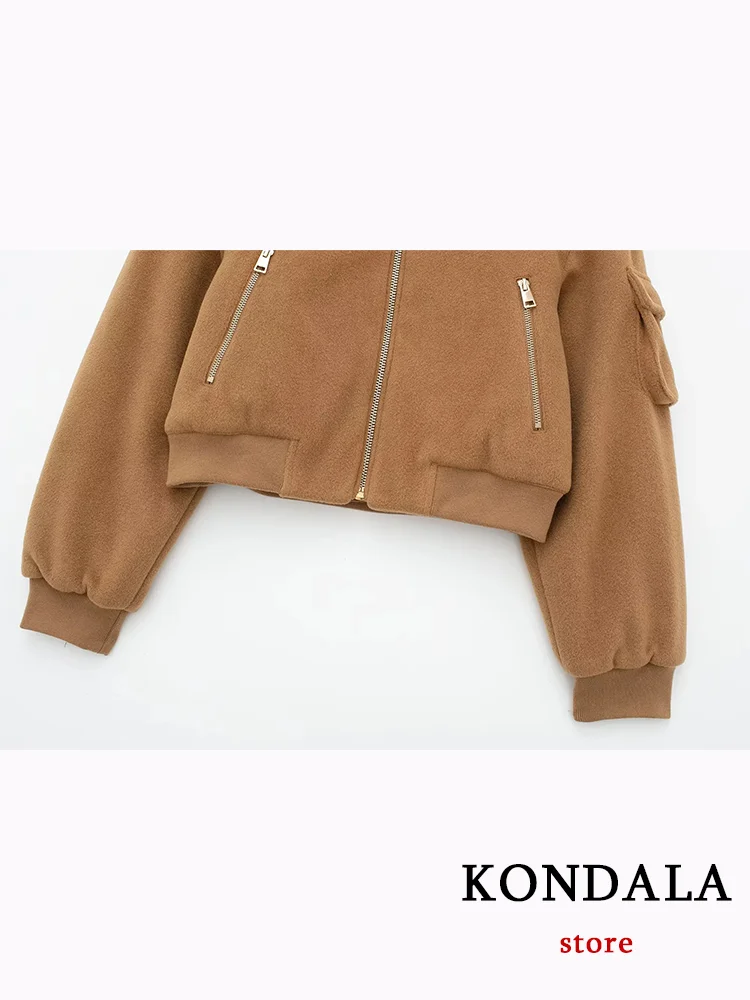 KONDALA Vintage Casual Chic Bomber Jacket Solid Zipper O-neck Pocket Long Sleeve Coats Fashion 2023 Autumn Winter Outwears