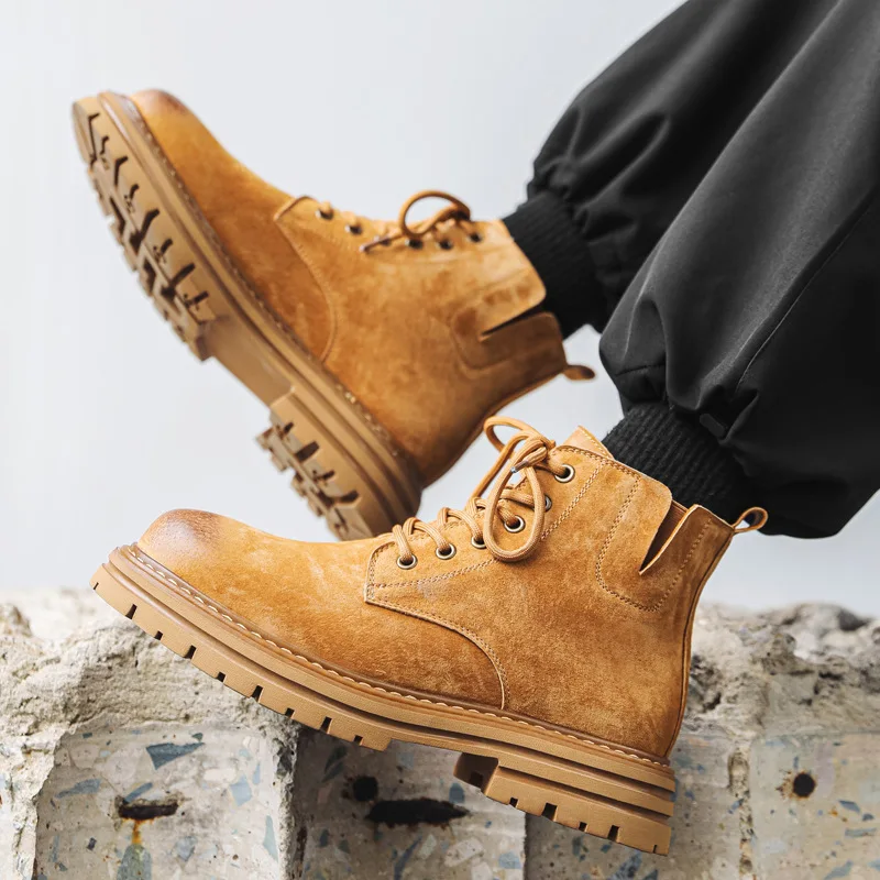 

large size men's fashion desert boots cow suede leather shoes outdoors cowboy ankle boot handsome platform short botas hombre