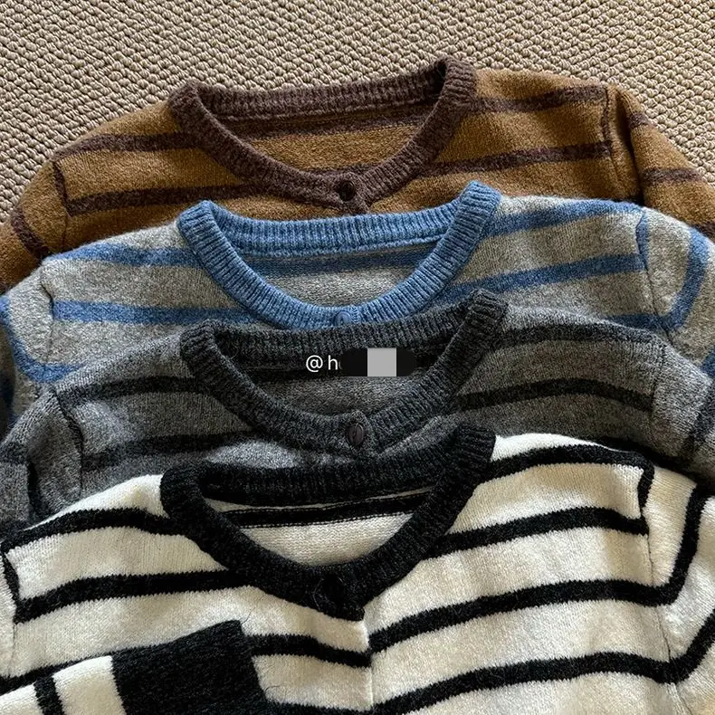 

Kimotimo Striped Knitted Cardigan Women 2025 Autumn Winter O Neck Single Breasted Sweater Coat Vintage Casual Long Sleeve Tops