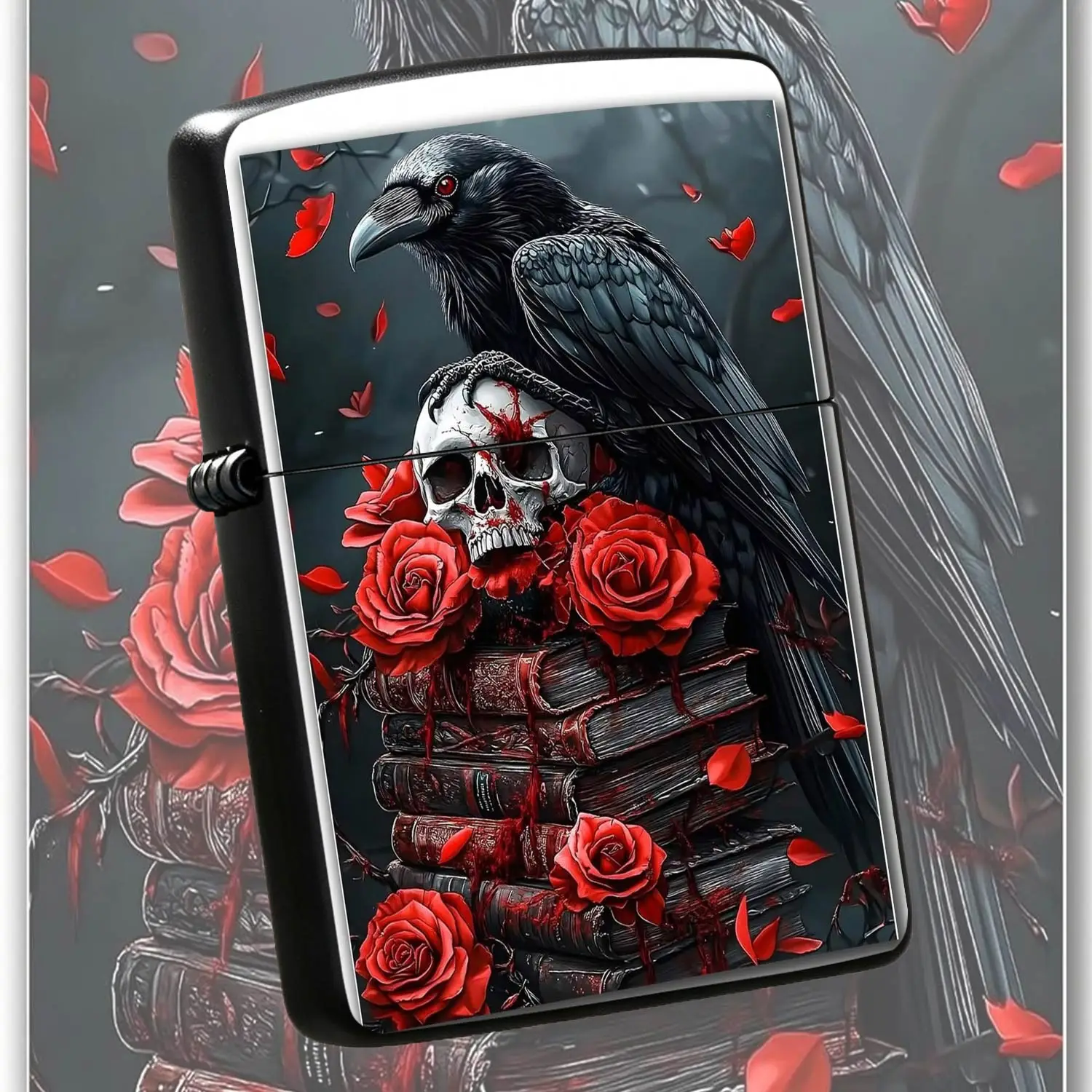 Gothic Dark Style Raven Skull Red Rose Themed Lighter, Retro Aesthetic Exquisite Ornament, Ideal for Daily Carry, Gatherings Travel, Unique Stylish Gift for Friends Family, Eye-catching Personalized D A Humorous And Interesting Lighter