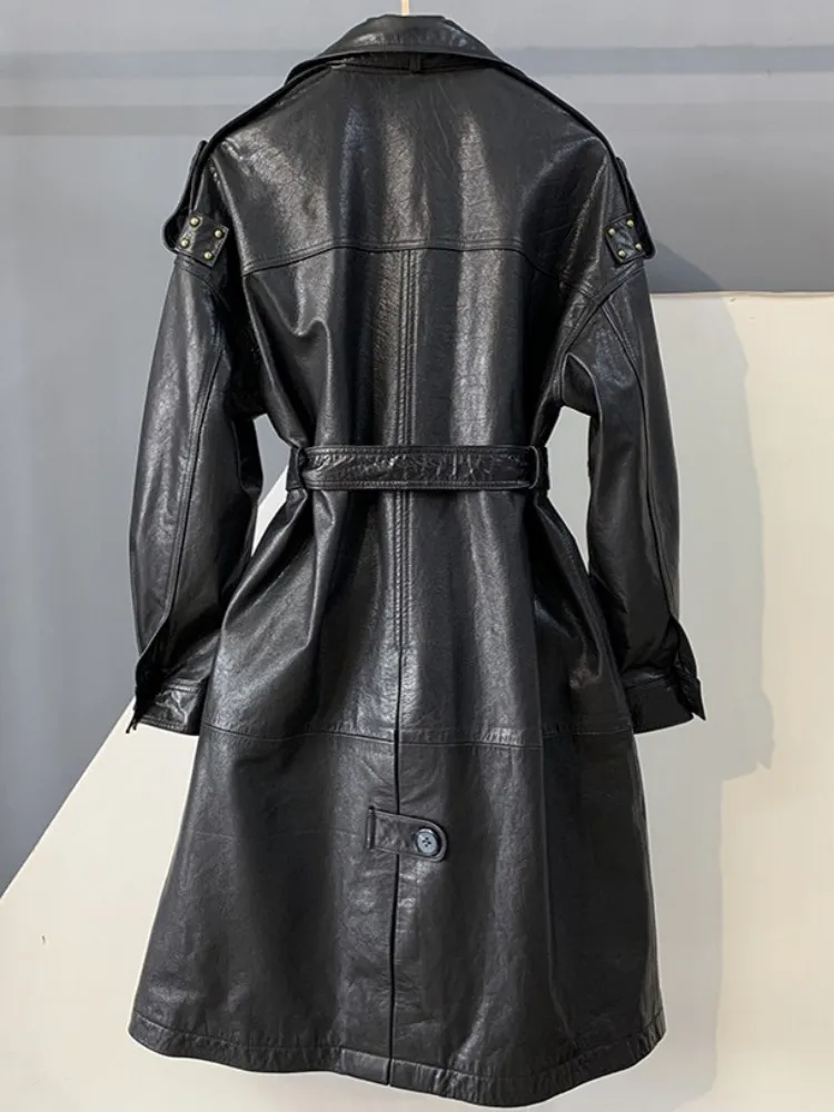 Concise Style Lapel Genuine Leather Belt Button Trench Jacket Solid Color Long Sleeves Cowhide Slim Ladies Fashion Outerwear