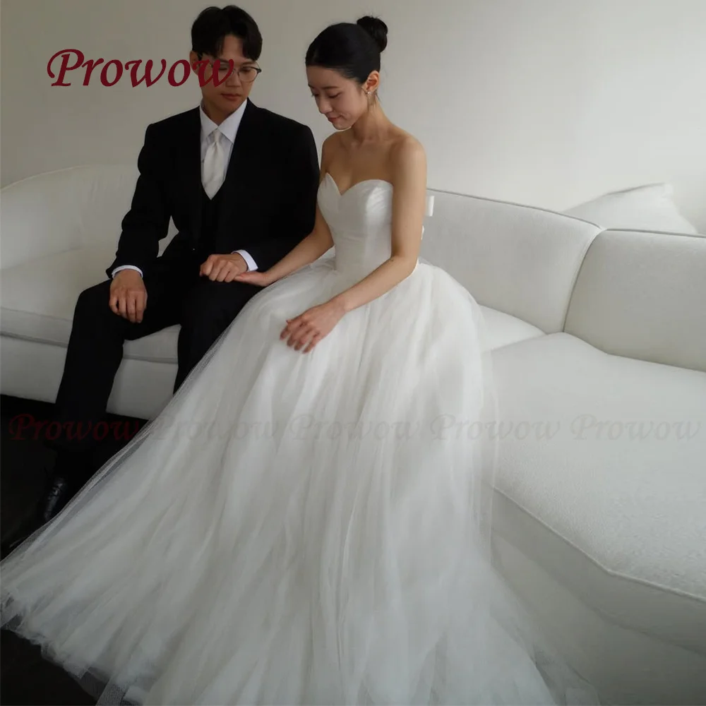 

Prowow Elegant Sweetheart Neck A Line Wedding Dress Korea Photo Shoot Pleated Tulle Ivory Bridal Gown Sleeveless Customized