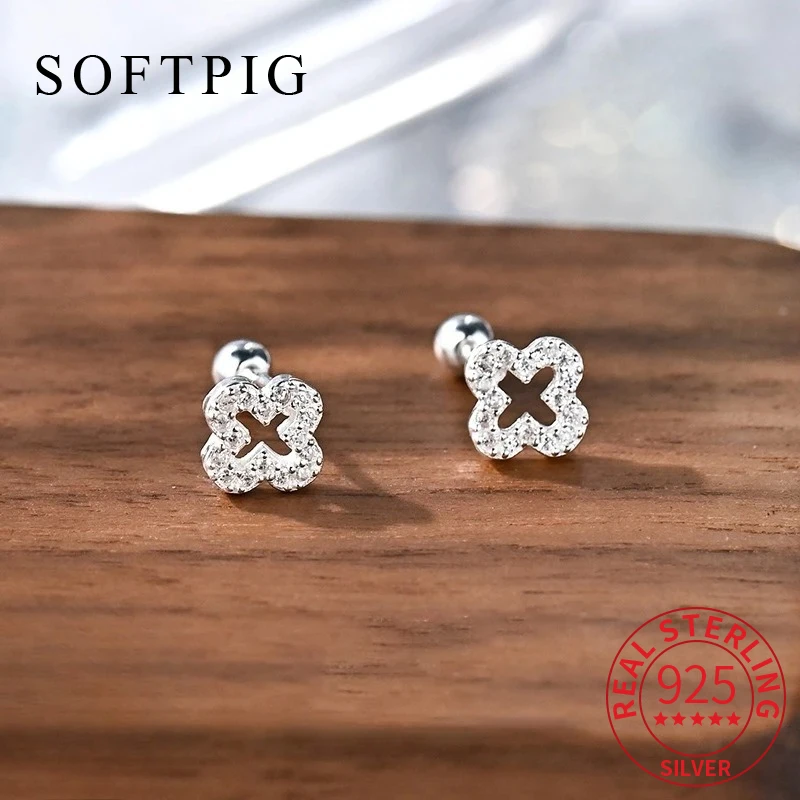 

SOFTPIG Real 925 Sterling Silver Geometric Zircon Screw Bead Mini Stud Earrings for Women Exquisite Fine Jewelry Accessories