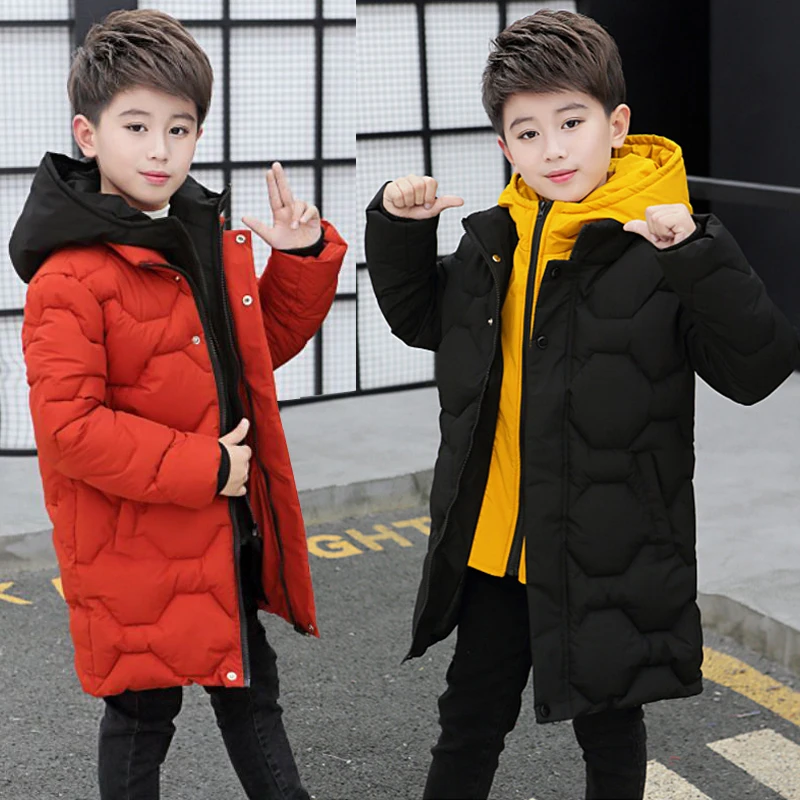 Teenagers Boys Jacket Winter Thicken Keep Warm Kids Jackets Fashion Long Style Zipper Hooded Big Boys Coat 5 6 8 10 12 14 Years