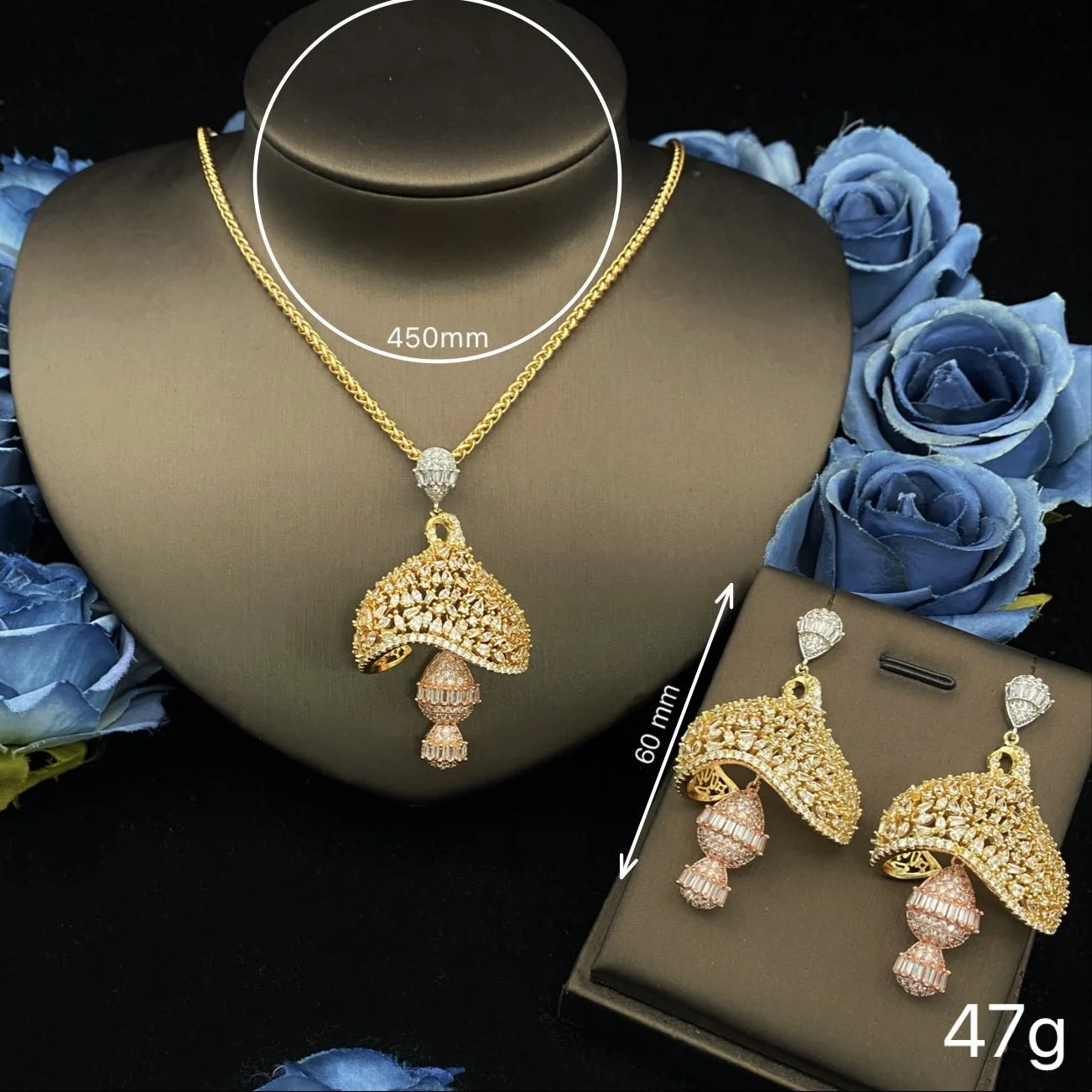 JRH Gold Plated Copper Zircon Bell Pendant Necklace And Earrings Set Women's Fashion Jewelry for Parties Gifts