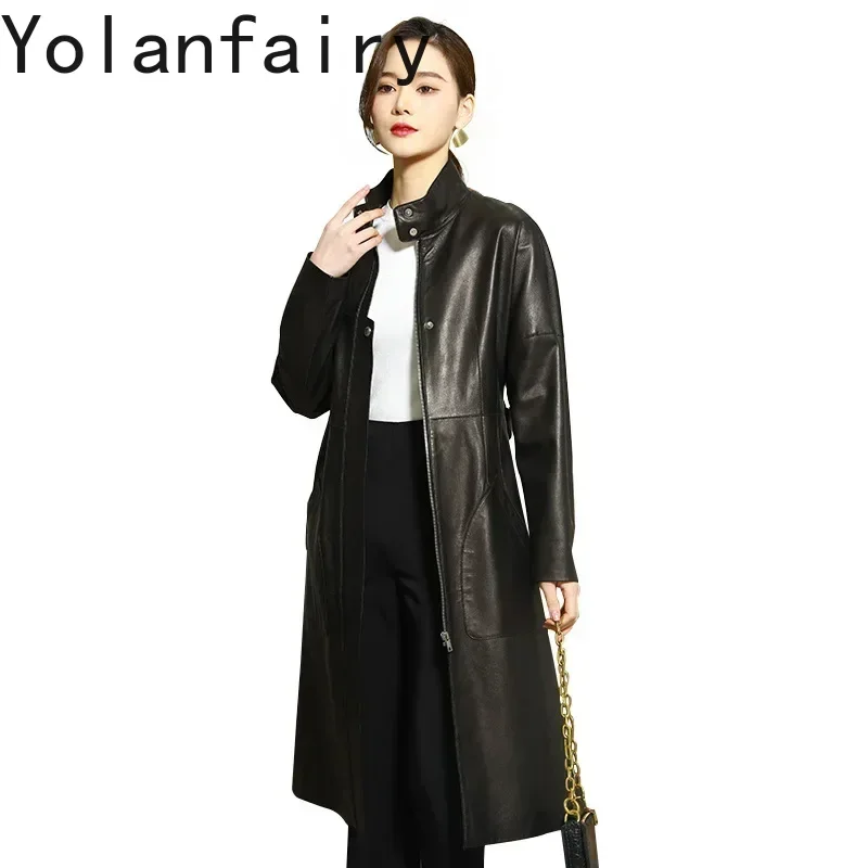 

YOLANFAIRY куртка из натуральной кожи, куртка из натуральной кожи, женская одежда, модный плащ из овчины, женская ветровка мидиевого цвета FCY