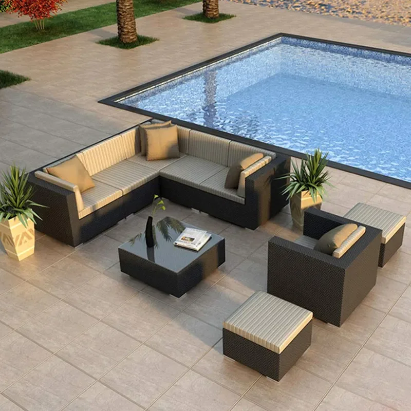 for Garden Rattan Sofa Set Sunscreen Waterproof Casual Double Seat with Coffee Table Outdoor Furniture for Exposed Rooftop