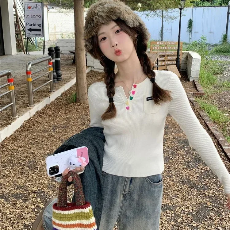 Long Sleeve Casual Style Fashionable Autumn Winter New Sweet Women's Knitted Short Top Base Shirt Inner Wear Slim Fit V-Neck #4