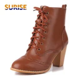 Plus Size Winter Women Ankle Boots Black Brown Black High Block Heels Round Toe Casual Office Ladies Lace Up Vintage Short Boots