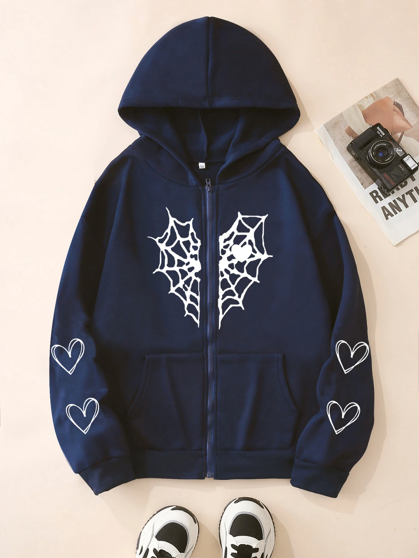XUANSHOW Herbst Winter Lose Frauen Hoodies Gothic Harajuku Y2k Kleidung Spinne Web & Herz Druck Zip Up Thermische Strickjacke Mantel – Detail 13