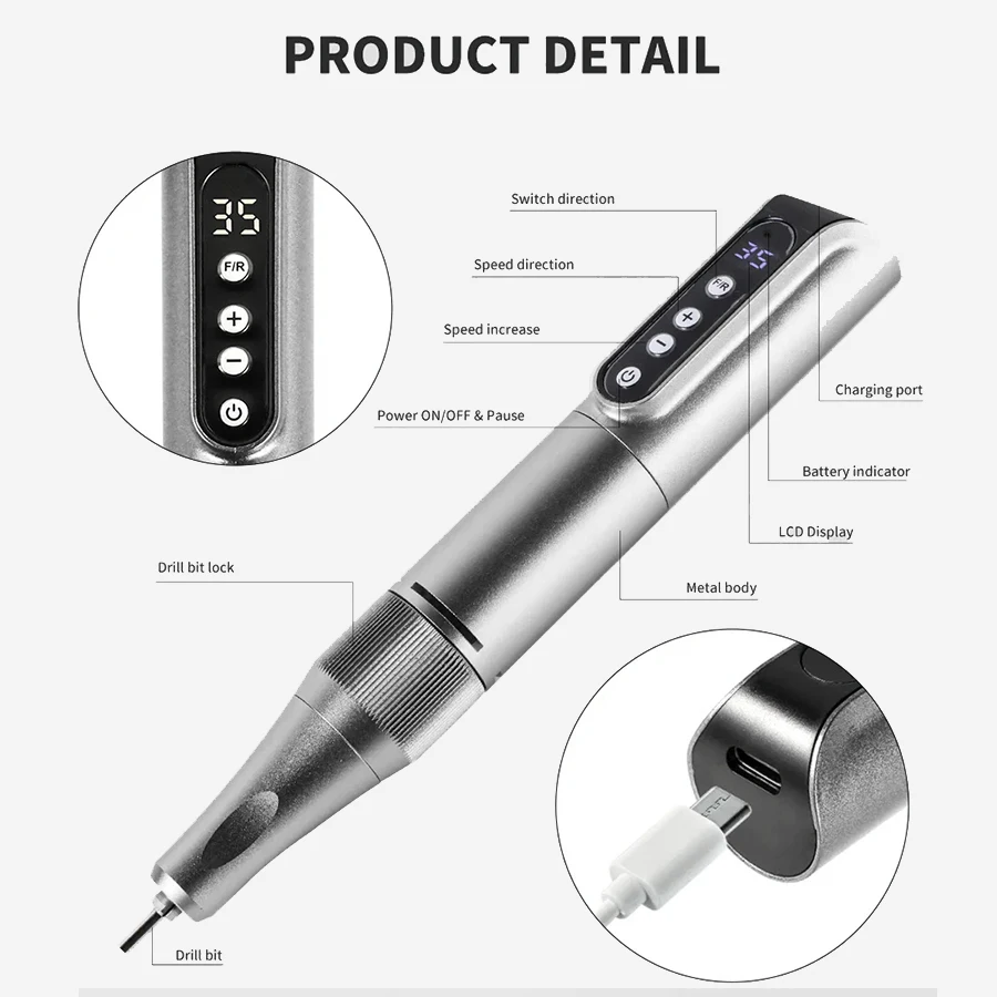 Portable Electric Nail Drill, USB Powered, Professional Electric Nail File Kit, Suitable For Acrylic & Gel Nails - Easy Manicure & Polishing - Efficient & Easy-To-Use Nail Care Tool, Nail Polishing & Shaping Tool, Suitable For Home & Salon Use, gallery 6