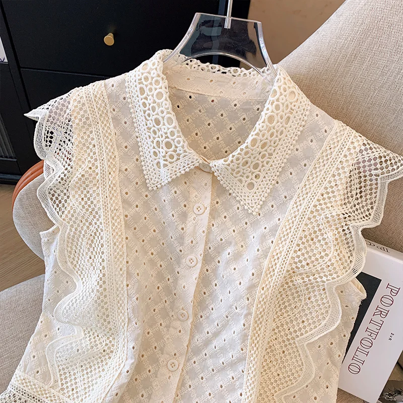 French Hollow out Lace Blouse Polo Collar Summer Shirt Vintage Turn Down Collar Short Sleeve Crochet Tops