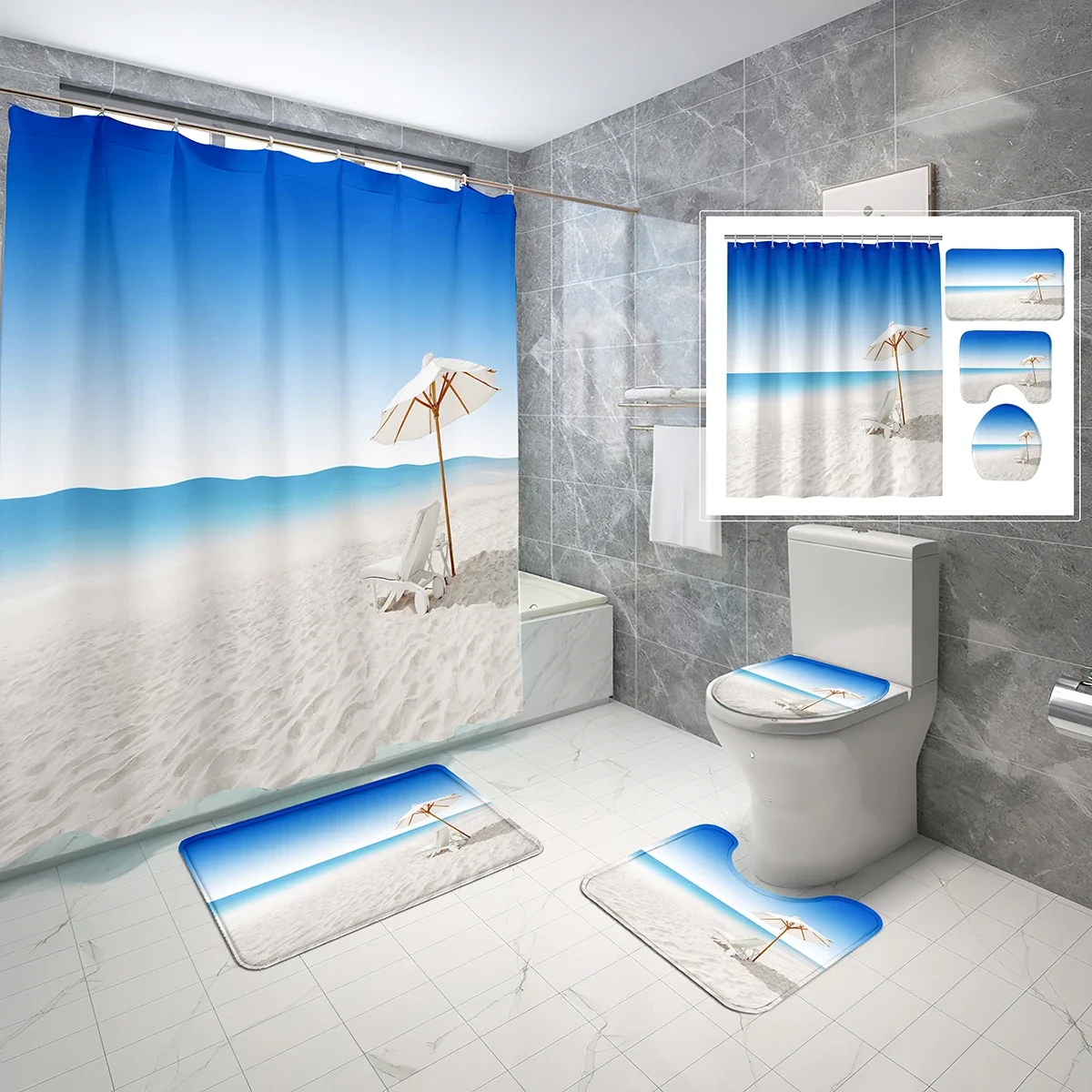 Juego de 4 piezas de cortina de ducha Ocean Sand con tapete de baño antideslizante, funda para tapa de inodoro, cortina de baño impermeable con ganchos, decoración para baño
