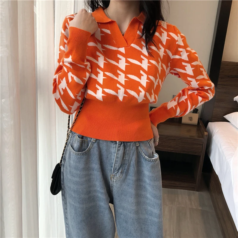 Woman Sweaters Pullover Houndstooth Peter Pan Collar Pullover Top Autumn Waist Trimming Short Outer Women Femme Chandails