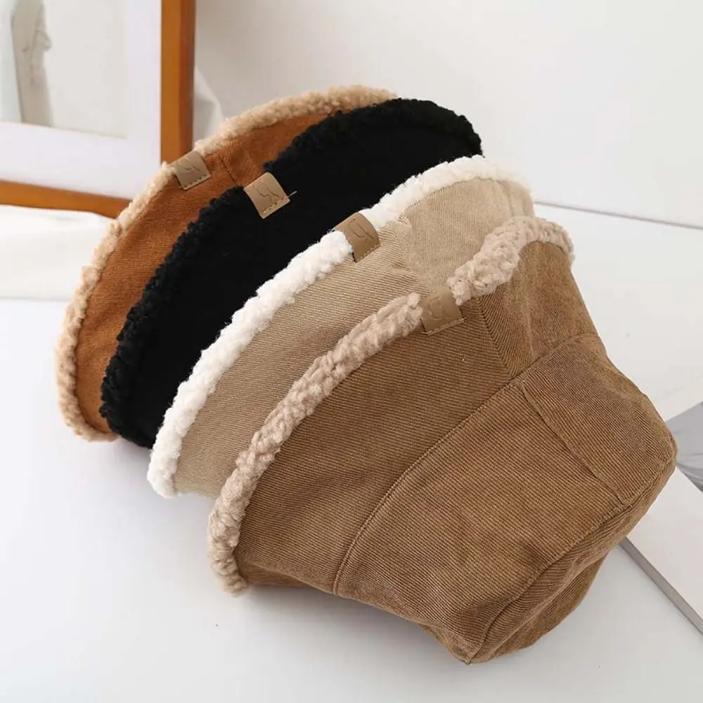 

Casual Lamb Wool Bucket Hat Simple Sun Protection Female Hats Winter Thicken Warm Winter Plush Fishman Hat Autumn and Winter