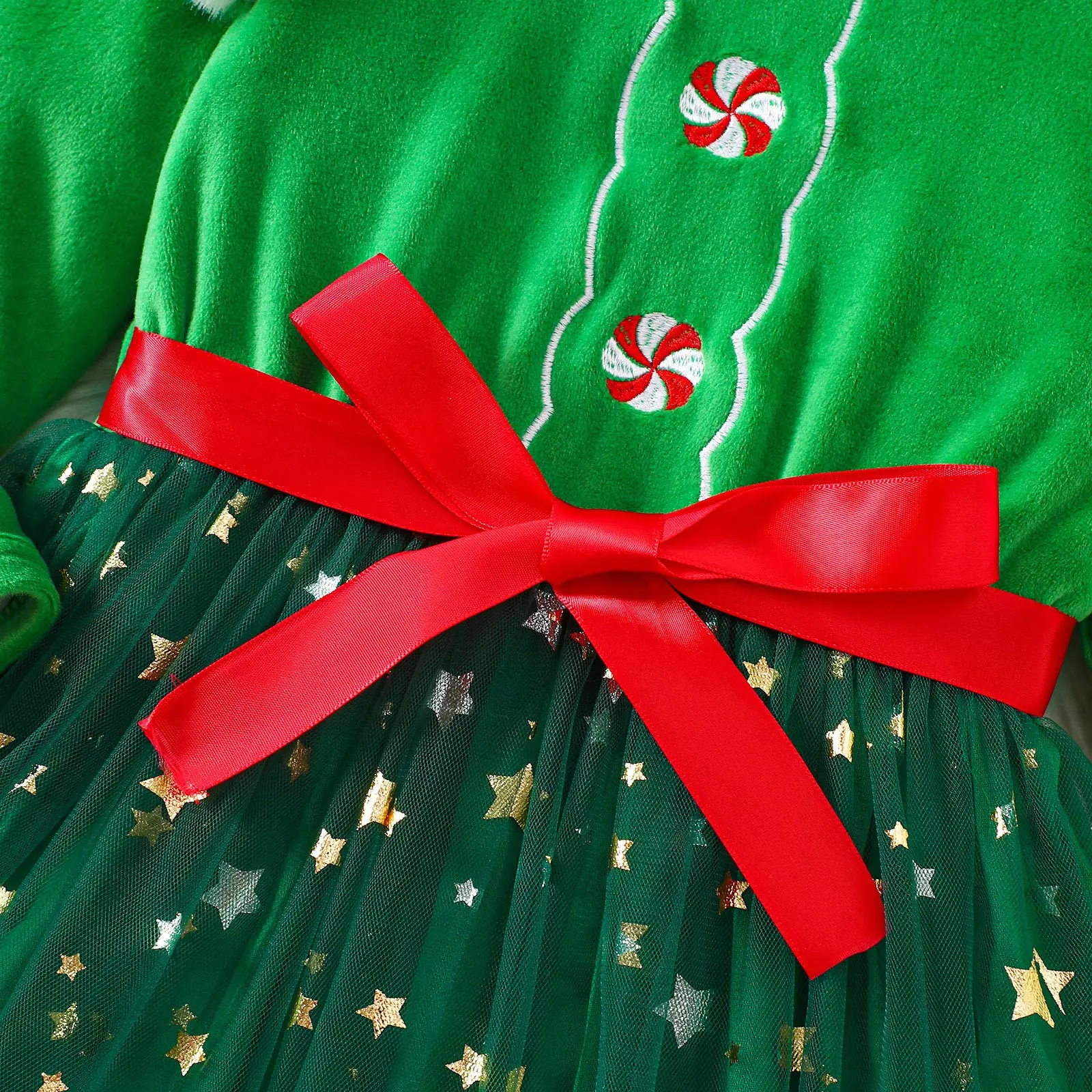Christmas Eif Tutu Dress Girls Santa Ballet Dance Costume Ruffle Long Sleeves Velvet Bodice Sequin Star Tulle Dress And Hairband - view 5